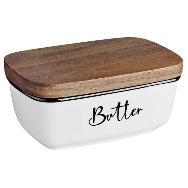 1.5 oz. White Ceramic Butter Dish for Countertop, Butter Keeper with Thick Acacia Wood Lid for Kitchen Gifts