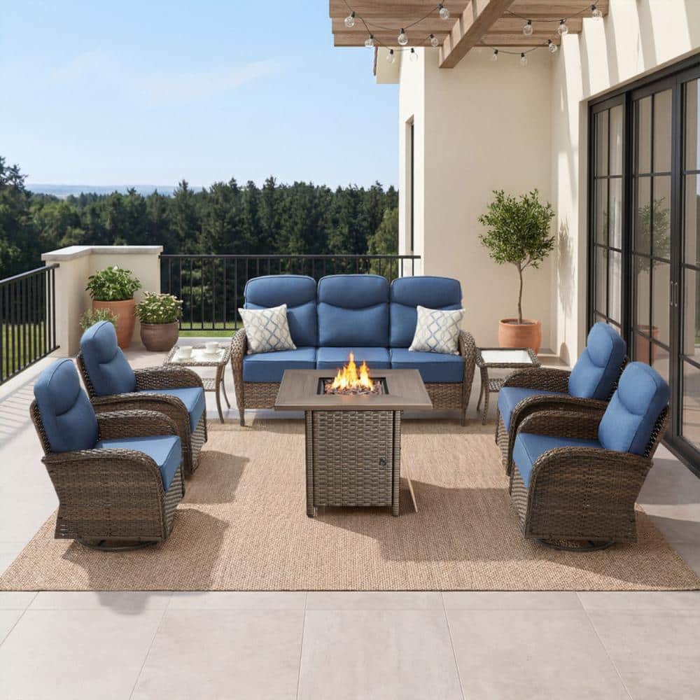 Rivieral Brown 8-Piece Wicker Outdoor Conversation Swivel Chair Set, Patio Fire Pit Set with 6 in. Blue Cushions price history on PriceWatchPro