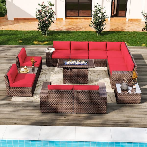 SUNMTHINK 13-Piece Outdoor Rattan Wicker Patio Conversation Set with Fire Pit Table Red Cushions