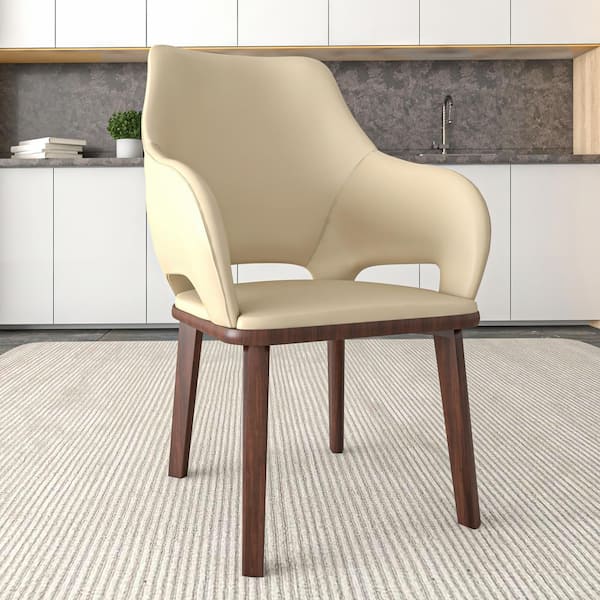 Leisuremod Dining Chair Upholstered in Leather with Rubberwood Base Vivara Set of 2 in off White