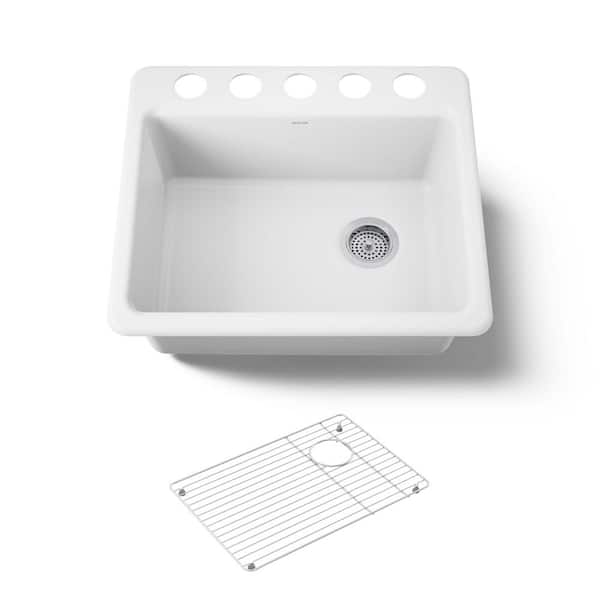 KOHLER Riverby Undermount Cast Iron 25 in. 5-Hole Single Bowl Kitchen Sink in White with Basin Rack