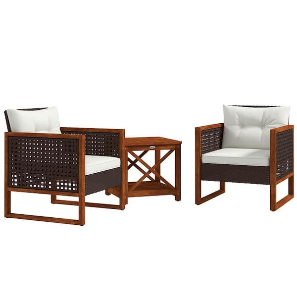 3-Piece Wood Patio Outdoor Bistro Set with White Cushions, PE Wicker Patio Furniture