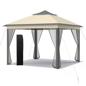 11 ft. x 11 ft. Brown 2-Tier Pop-Up Gazebo Tent Portable Canopy Shelter Carry Bag Mesh Brown
