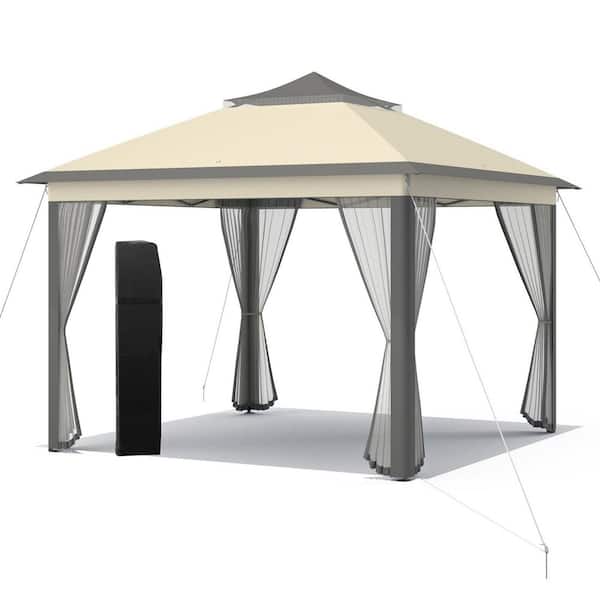Costway 11 ft. x 11 ft. Brown 2-Tier Pop-Up Gazebo Tent Portable