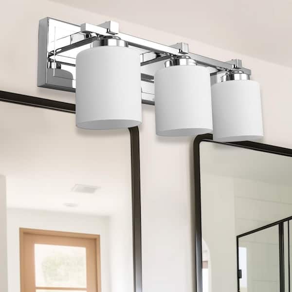 22 in. 3-Light Chrome Bathroom Vanity Light with White Glass Cylinder Shades, Dimmable for Bathroom, Vanity, or Mirror