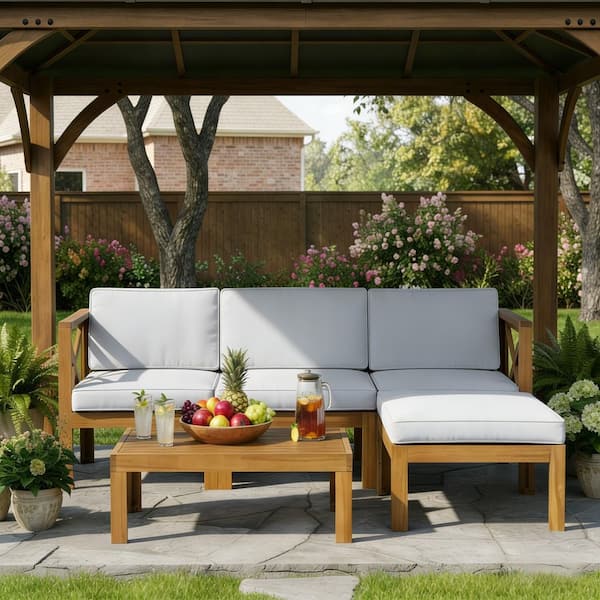Wood 5 Piece Steel Frame Patio Furniture Set Rattan Outdoor Sofa Set with Soft Gray Cushions Brown