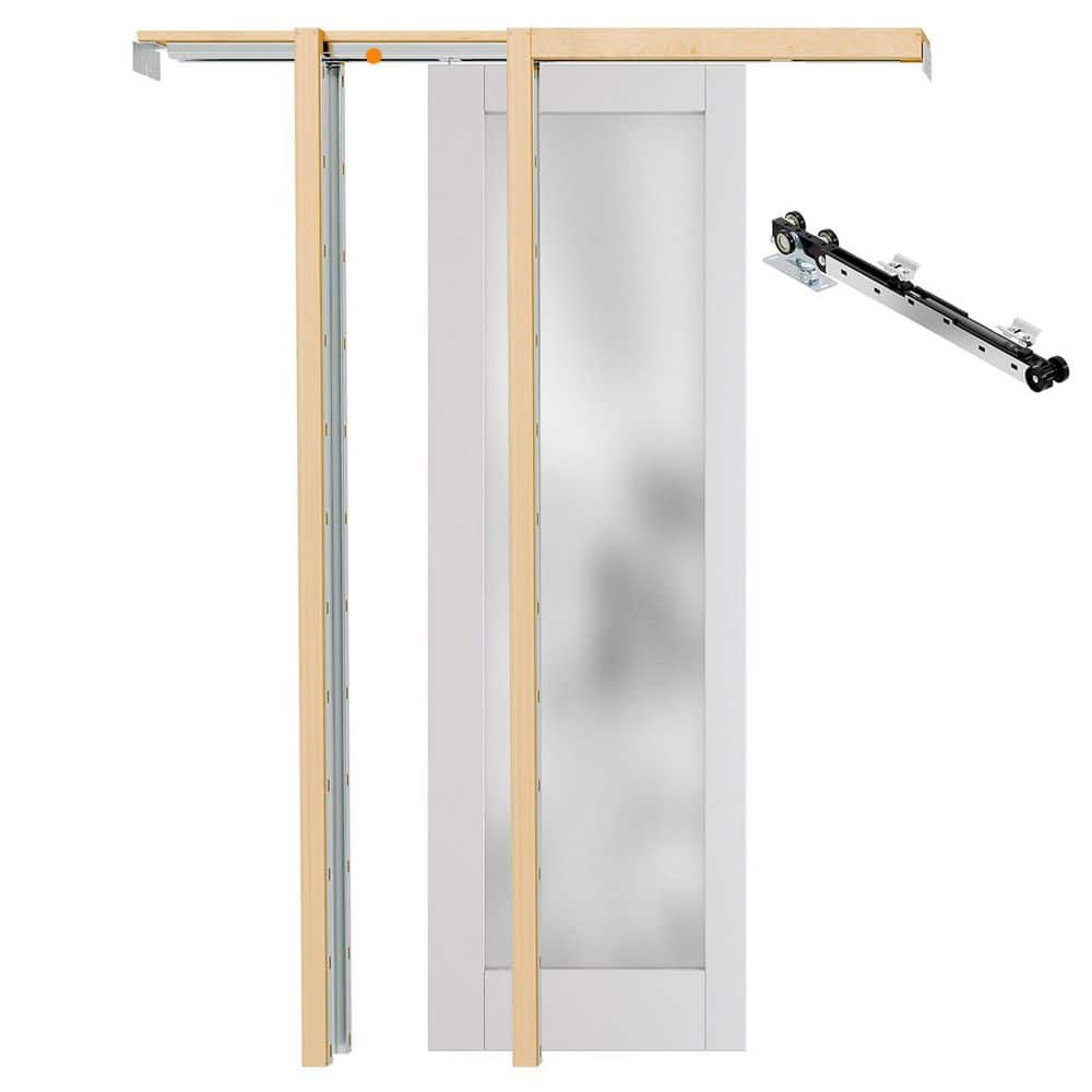 30 in. x 80 in. Full Lite Frosted Glass White Primed Wood Solid Core MDF Pocket Door with Soft Close, Frame and Hardware price history on PriceWatchPro