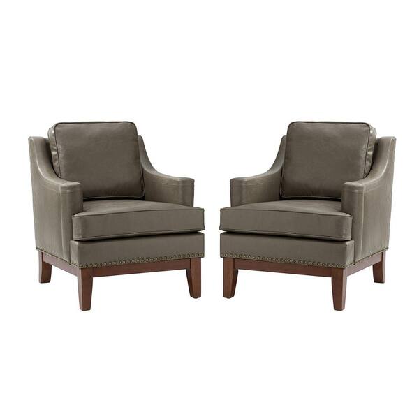 JAYDEN CREATION Heinrich Grey Vegan Leather Armchair with Solid Wood Legs (Set of 2)