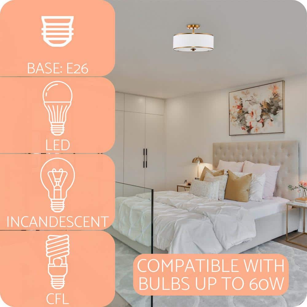 Chloe 15" Modern White Fabric Drum Ceiling Light with Warm Brass Trim