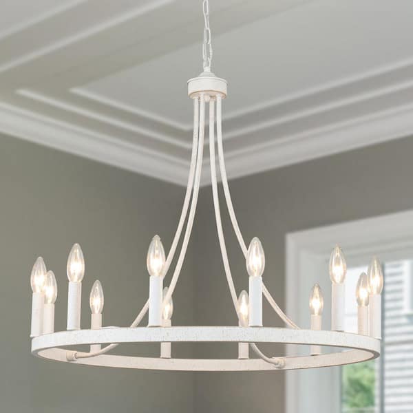 LWYTJO Loene 12-Light White Farmhouse Candle Style Dimmable Wagon Wheel Chandelier for Living Room Kitchen Island Dining Foyer
