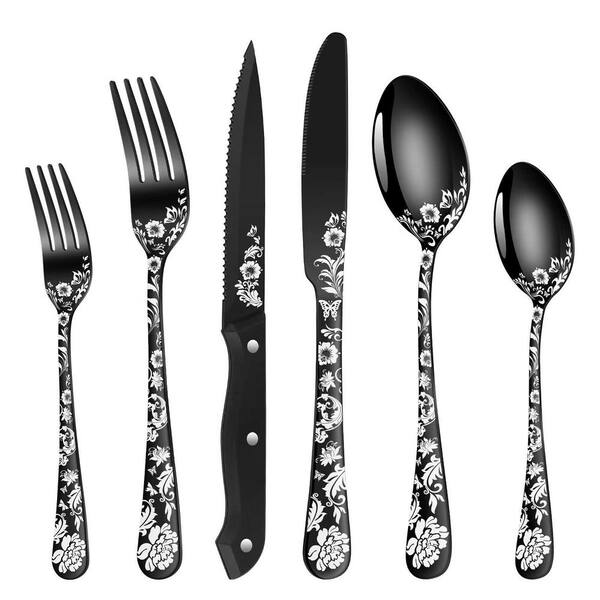 48-Piece Black Stainless Steel Flatware Set with 8 Steak Knives and Unique Laser Etched Pattern for 8