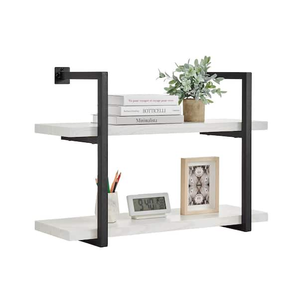 Danya B. Modern 2-Tier Hanging Bracket Wall Shelves in Black Metal and White Birch Finish