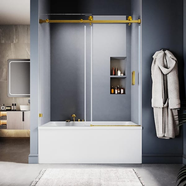 UNIKOO UKS05 56 to 60 in. W x 66 in. H Sliding Frameless Bathtub Door in Satin Brass with EnduroShield 3/8 in. SGCC Clear Glass