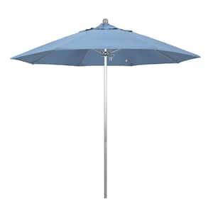 9 ft. Silver Aluminum Commercial Market Patio Umbrella with Fiberglass Ribs and Push Lift in Air Blue Sunbrella