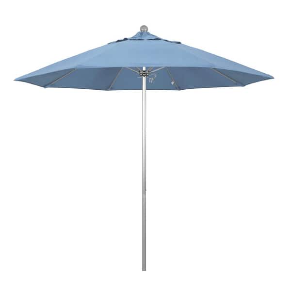 9 ft. Silver Aluminum Commercial Market Patio Umbrella with Fiberglass Ribs and Push Lift in Air Blue Sunbrella