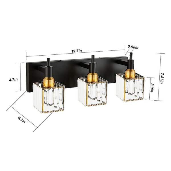 Orillia 19.7 in. 3-Light Modern Black Gold Bathroom Vanity Light with Crystal Shades