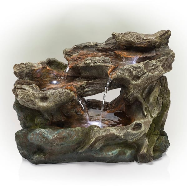 Alpine Corporation 10 in. Tall Indoor Tabletop 3-Tiered Rock Fountain with LED Lights, Brown