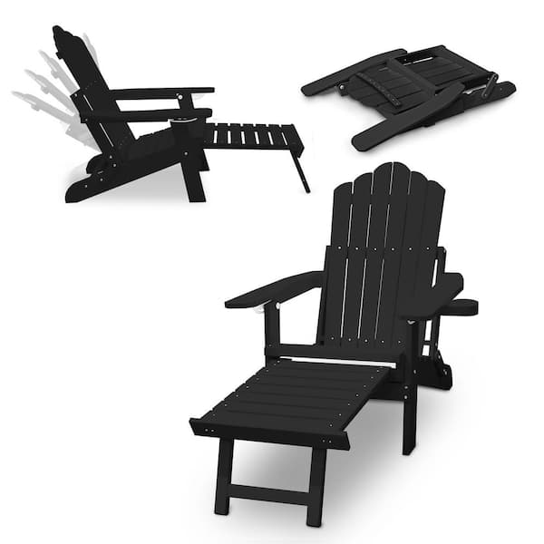 Clihome Black Folding Plastic Outdoor Adirondack Chair with Pull-out Ottoman and Cup-Holder