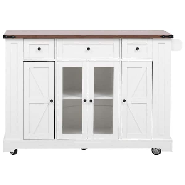 Farmhouse 53 in. White Kitchen Cart with Cabinets, Drop Leaf, 5 Open Side Racks and 3 Drawers