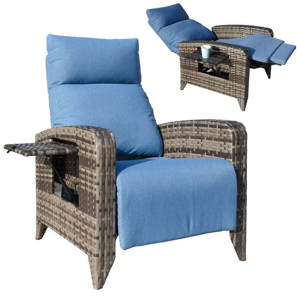 Patio Chairs Wicker Outdoor Recliner with Blue Cushions, Adjustable Back, Extended Footrest and Table price history on PriceWatchPro