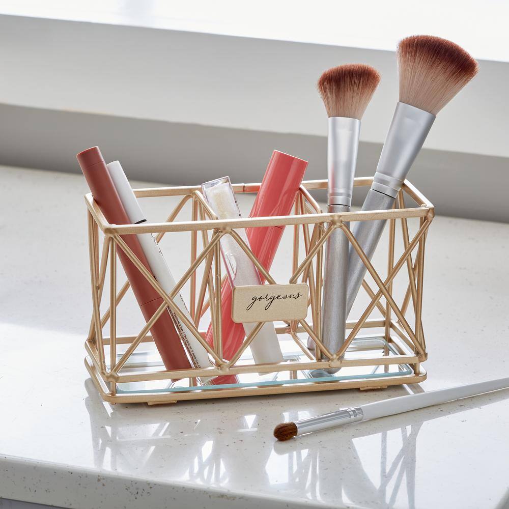 Rose Gold Metal 3-Compartment Cosmetic Organizer with Mirrored Base