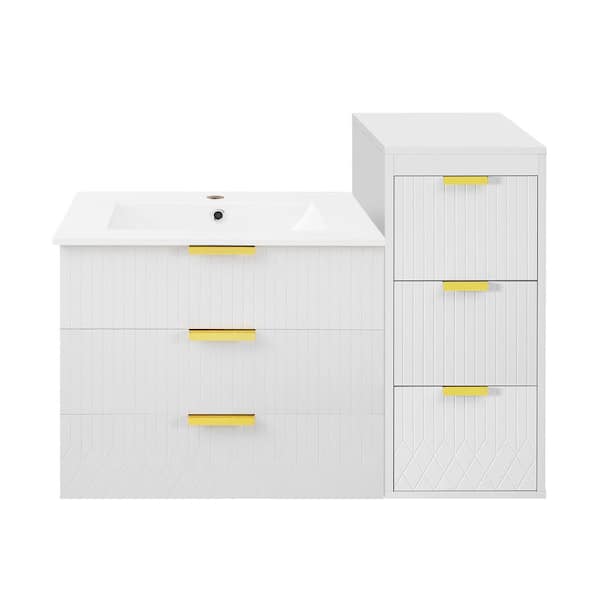 24 in. Single Sink Wall-Mounted White Bath Vanity with White Ceramic Top and Side Cabinet Combo Unassembled