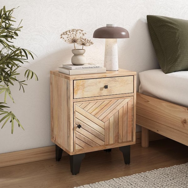 Harper & Bright Designs Natural 1-Drawer 18 in. W Solid Wood Nightstand with Line Drawing Cabinet