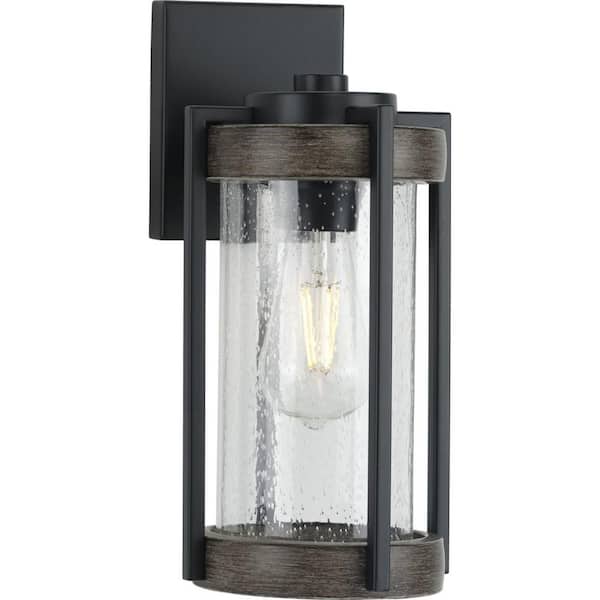 Progress Lighting Whitmire 1-Light Matte Black with Aged Oak Accents Clear Seeded Glass Farmhouse Outdoor Wall Lantern Light