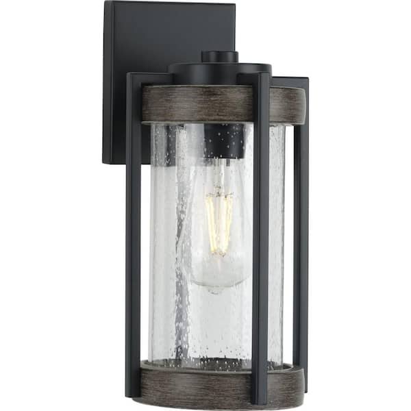 Whitmire 1-Light Matte Black with Aged Oak Accents Clear Seeded Glass Farmhouse Outdoor Wall Lantern Light