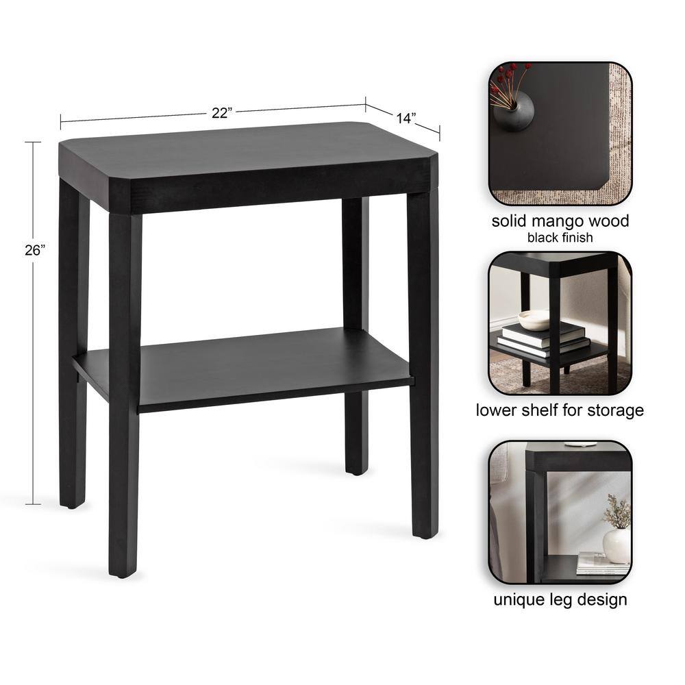 Black Solid Mango Wood Rectangular End Table with Shelf