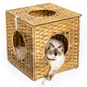 Small Yellowish Brown Rattan Cat Litter Cat Bed with Rattan Ball and Cushion