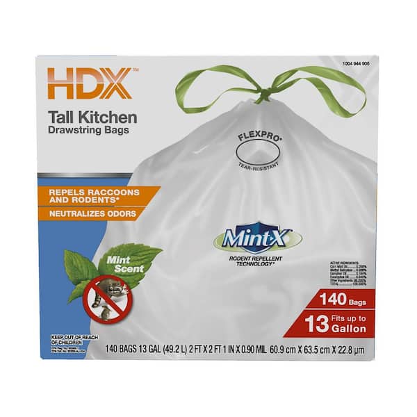 HDX 180-Count 13 Gal. Tall Mint Scented Kitchen Trash Bags with FlexPro and Rodent Repellent (White)