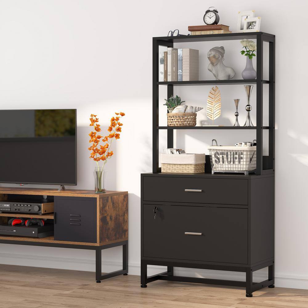 Black Vertical 2-Drawer Lockable File Cabinet with Shelves
