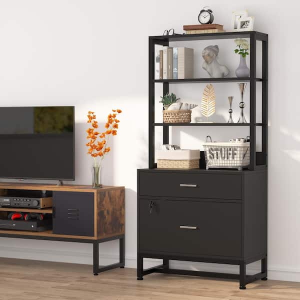 Cindy Black Vertical File Cabinet with Shelves, Stander Drawer and File Drawer