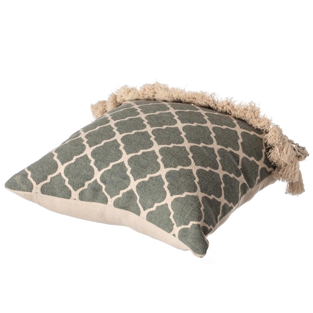 Handwoven Green Cotton Throw Pillow with Tasseled Trim