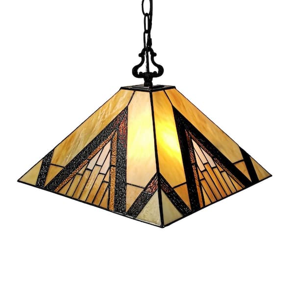 Amora Lighting Tiffany 2-Light Brown & Tan Hanging Pendant with Stained Glass Shade