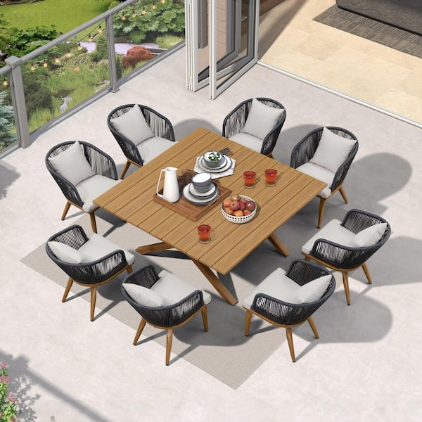 Teak-Finish 9-Piece Wicker Square Aluminum Frame Outdoor Dining Set and Pillows with Beige Cushions