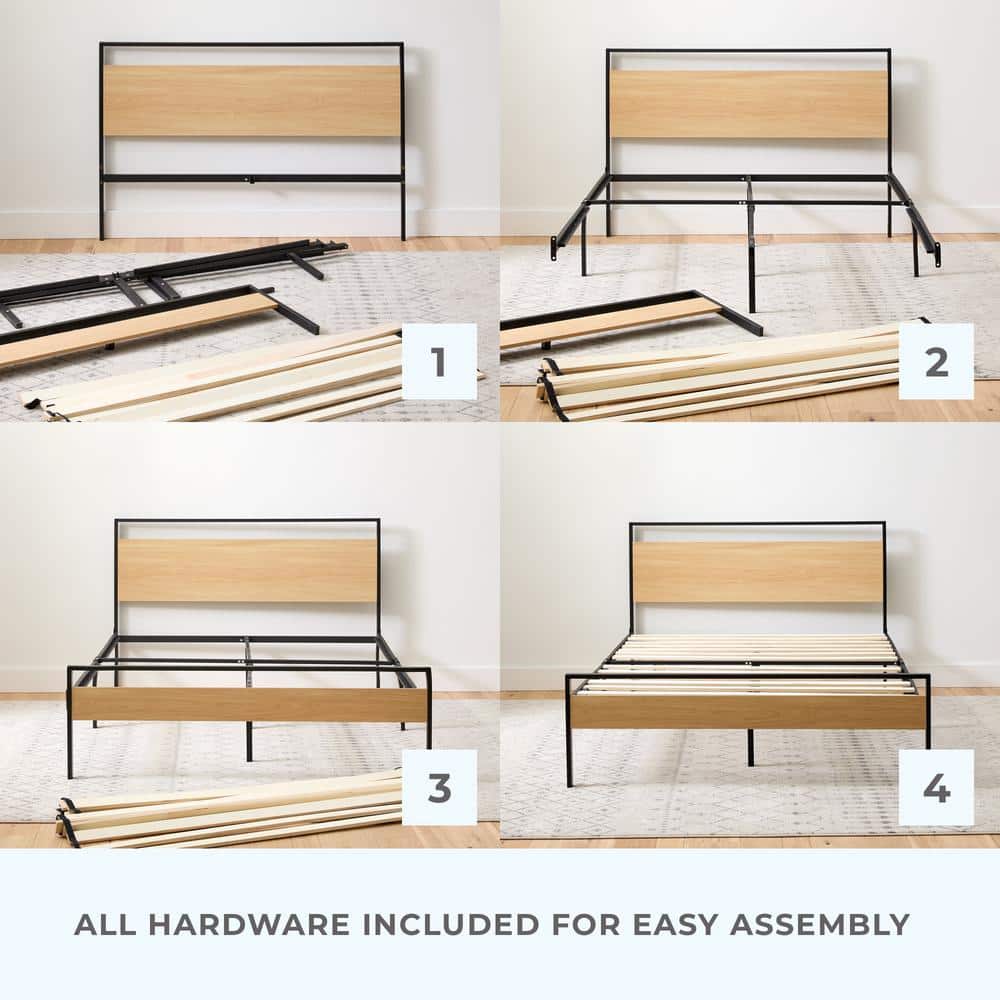 King Natural Wood and Upholstered Platform Bed with Headboard