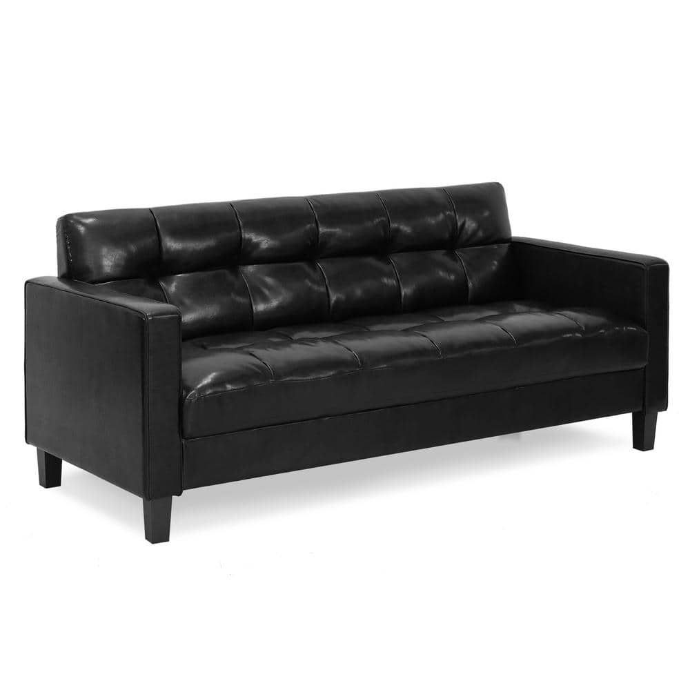 Brive Contemporary Tufted Black Faux Leather 3-Seater Sofa