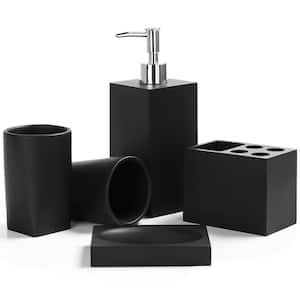 5-Piece Marble Look Bathroom Accessory Set with Toothbrush Holder, Soap Dish, Dispenser, 2-Bathroom Tumbler in Black