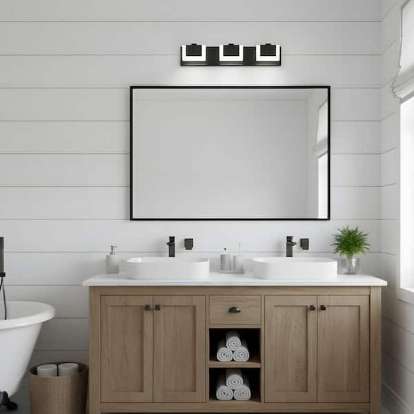 22 in. 3-Light LED Modern Black Bathroom Vanity Light with Dimmable 6000K Light