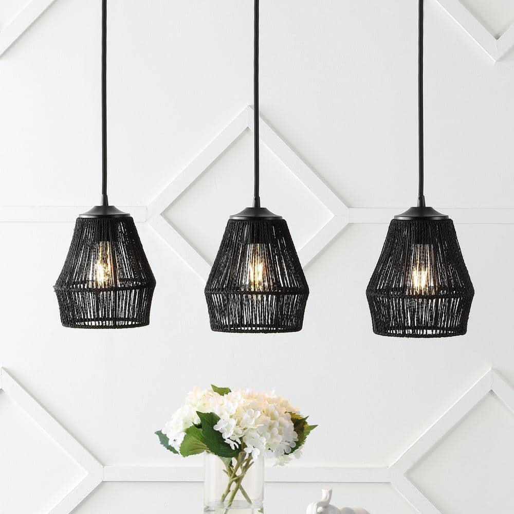 Jonathan Y Ibiza Island 30 3 Light Woven Rope Metal Bohemian Coastal LED Linear Pendant Black Black
