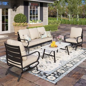 Metal 5 Seat 4-Piece Steel Outdoor Patio Conversation Set With Rocking Chairs, Beige Cushions and Marble Pattern Table