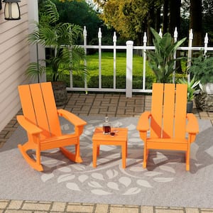 Shoreside Orange HDPE Plastic Modern Rocking Poly Adirondack Chair Set of 2 With Side Table