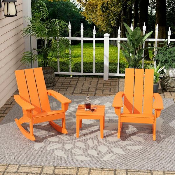 WESTIN OUTDOOR Shoreside Orange HDPE Plastic Modern Rocking Poly Adirondack Chair Set of 2 With Side Table