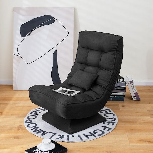 360-Degree Swivel Black Polyester Floor Chair 5-Level Adjustable Lazy Chair with Massage Pillow Chaise Lounge