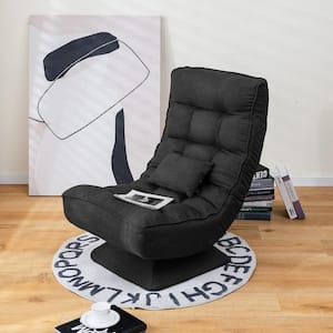360-Degree Swivel Black Polyester Floor Chair 5-Level Adjustable Lazy Chair with Massage Pillow Chaise Lounge