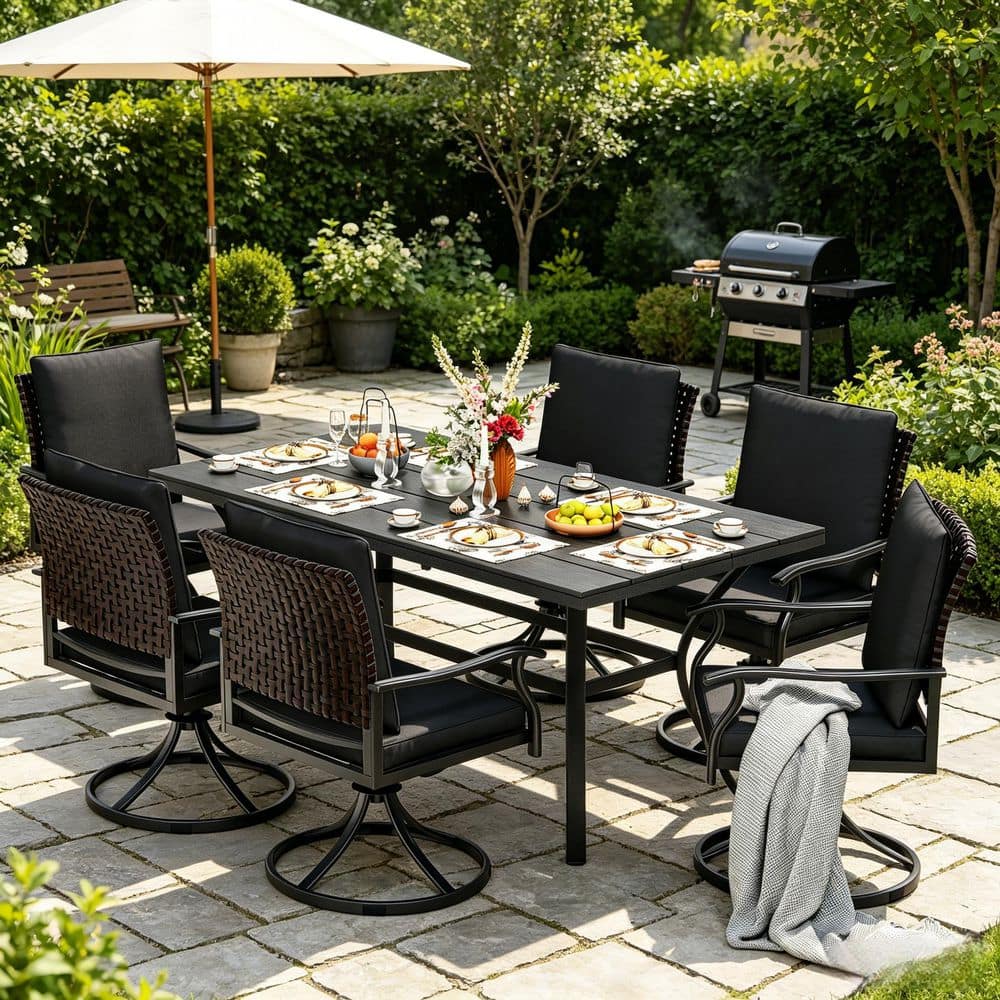 7-Piece Black Metal Outdoor Dining Set with 6 Swivel Dining Chairs with Black Cushions and Rectangle Dining Table price history on PriceWatchPro
