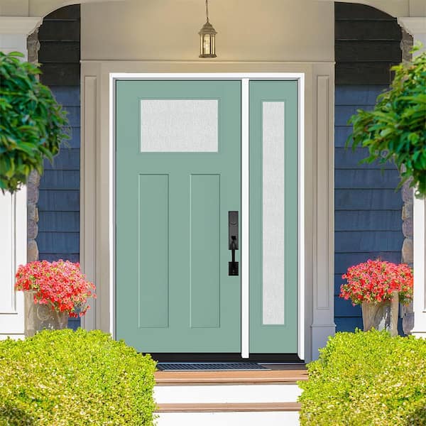 Legacy 51 in. x 80 in. 1/4 Toplite Rain Glass RHOS Primed Quarry Finish Fiberglass Prehung Front Door w/12 in. SL
