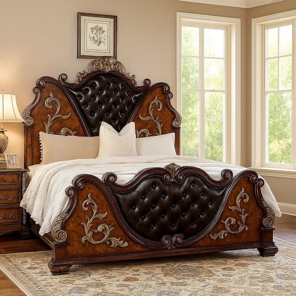 Benjara Iliana Cherry Brown and Oak Brown Wood Frame Queen Panel